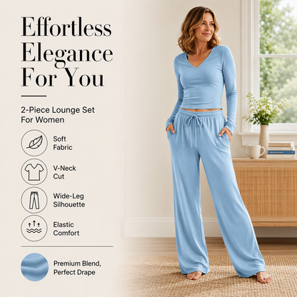 Women's V-Neck Long-Sleeve Top & Wide-Leg Pants Set