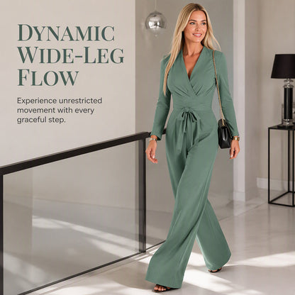 Women's Long Sleeve V-Neck Jumpsuit with Belt