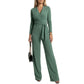 Women's Long Sleeve V-Neck Jumpsuit with Belt