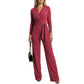 Women's Long Sleeve V-Neck Jumpsuit with Belt