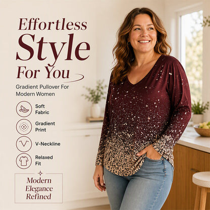 Women's V-Neck Gradient Print Long Sleeve Shirt