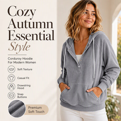 Women's Corduroy Half-Button Hooded Sweatshirt