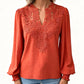 Women V Neck Lace Blouse Long Sleeve Swiss Dot Casual T Shirts Top