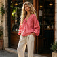 Women's V-Neck Cotton Linen Top with Lantern Sleeves