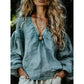 Women's V-Neck Cotton Linen Top with Lantern Sleeves