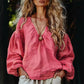 Women's V-Neck Cotton Linen Top with Lantern Sleeves