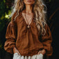 Women's V-Neck Cotton Linen Top with Lantern Sleeves