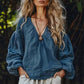 Women's V-Neck Cotton Linen Top with Lantern Sleeves