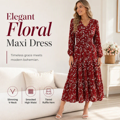 Women's Floral V-Neck Smocked Waist Ruffle Dress