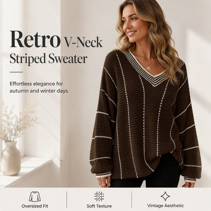 Women's Loose Casual V-Neck Striped Sweater
