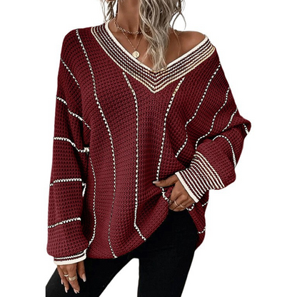 Women's Loose Casual V-Neck Striped Sweater