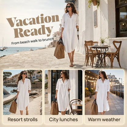 Women Loose Cotton Linen Shirt Dress with Pockets