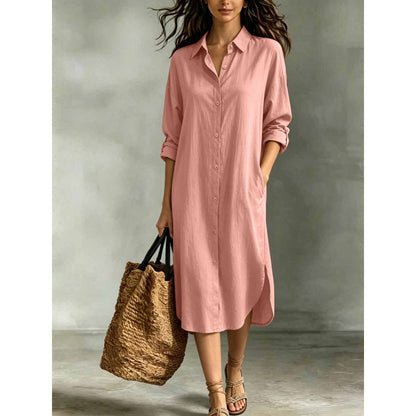 Women Loose Cotton Linen Shirt Dress with Pockets
