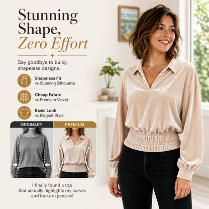 Women's Velvet V-Neck Long-Sleeve Collared Top