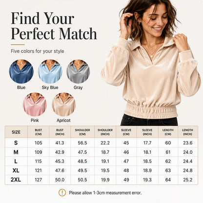 Women's Velvet V-Neck Long-Sleeve Collared Top
