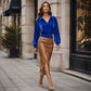 Women's Velvet V-Neck Long-Sleeve Collared Top