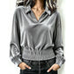 Women's Velvet V-Neck Long-Sleeve Collared Top