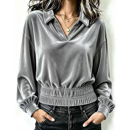 Women's Velvet V-Neck Long-Sleeve Collared Top