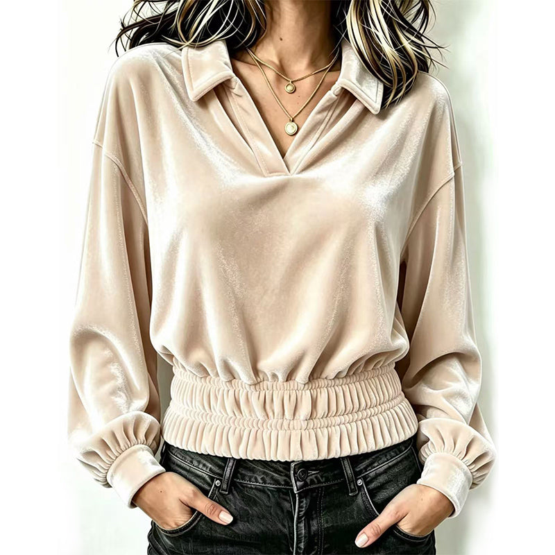 Women's Velvet V-Neck Long-Sleeve Collared Top