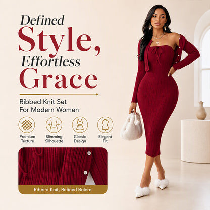 Women's Ribbed Knit Bodycon Dress with Cropped Cardigan