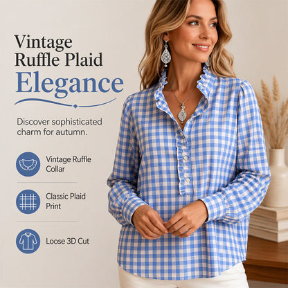 Women's Gingham Ruffle Casual Long Sleeve Shirt
