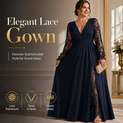 Women’s Elegant V Neck Lace Patchwork Maxi Dress