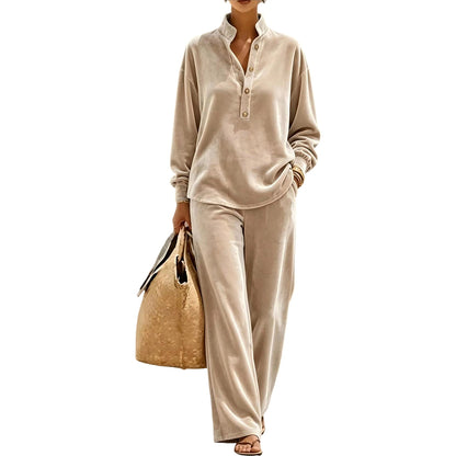 Women's Long-Sleeve Button-Up Top & Wide-Leg Pants Set