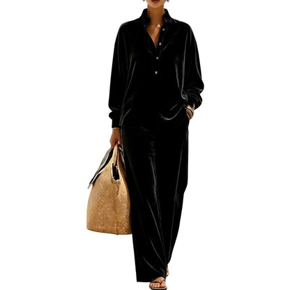 Women's Long-Sleeve Button-Up Top & Wide-Leg Pants Set