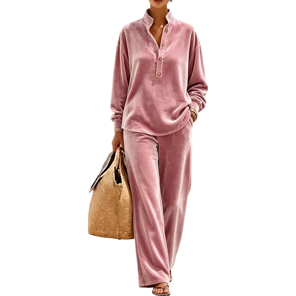 Women's Long-Sleeve Button-Up Top & Wide-Leg Pants Set