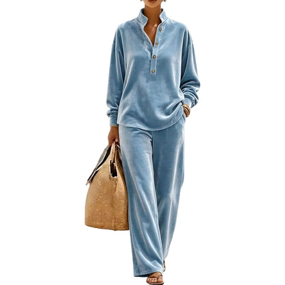 Women's Long-Sleeve Button-Up Top & Wide-Leg Pants Set