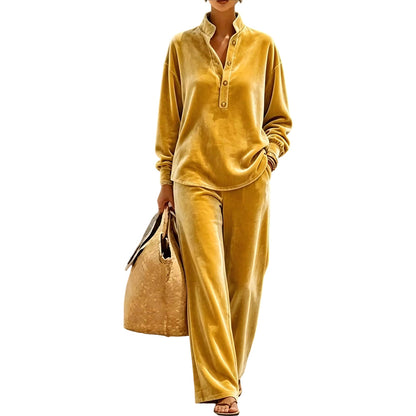 Women's Long-Sleeve Button-Up Top & Wide-Leg Pants Set