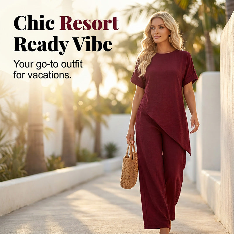 Asymmetrical Hem Top & Wide-Leg Pants Set
