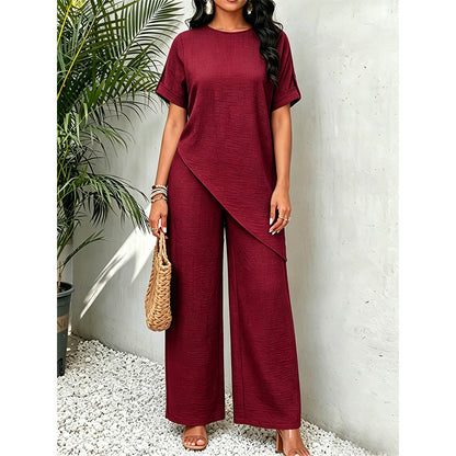 Asymmetrical Hem Top & Wide-Leg Pants Set