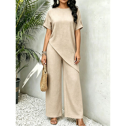 Asymmetrical Hem Top & Wide-Leg Pants Set