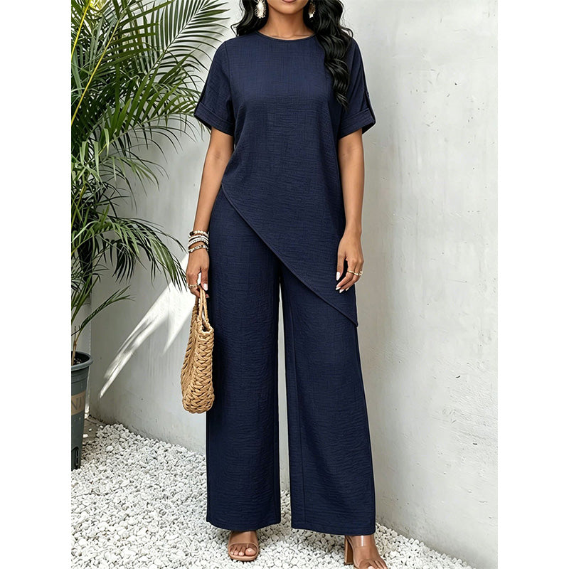 Asymmetrical Hem Top & Wide-Leg Pants Set