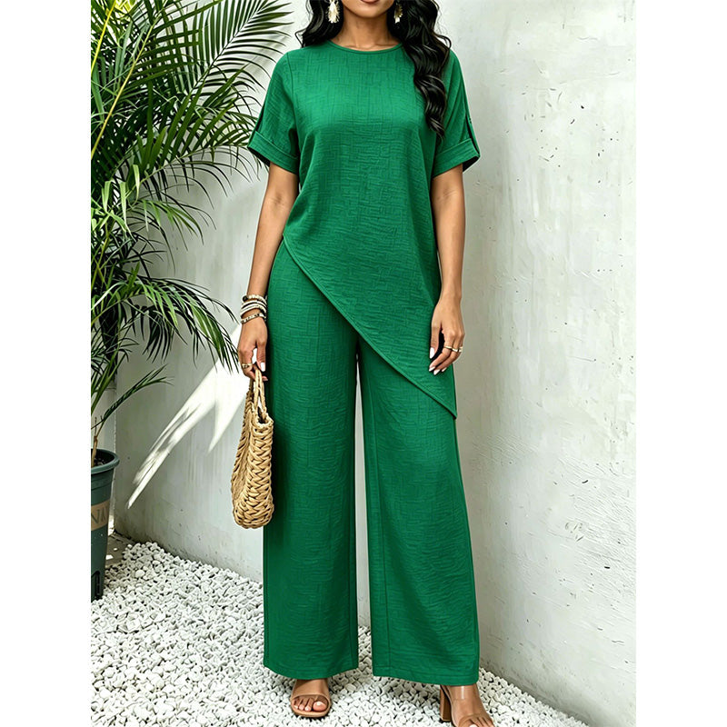 Asymmetrical Hem Top & Wide-Leg Pants Set