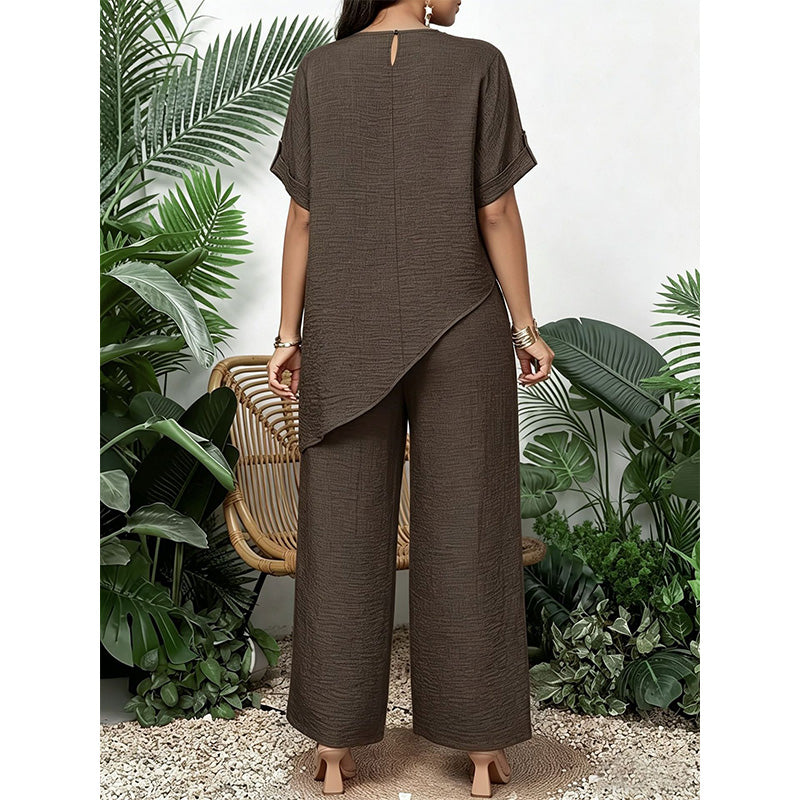 Asymmetrical Hem Top & Wide-Leg Pants Set