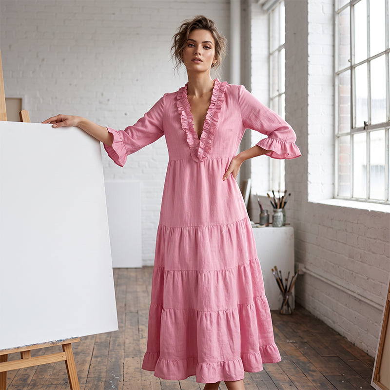 Women Ruffle V-Neck Tiered Maxi Dress