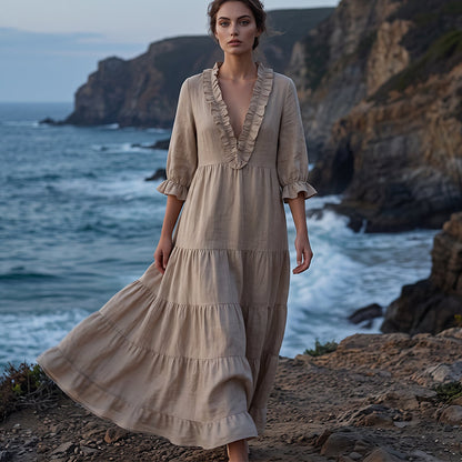 Women Ruffle V-Neck Tiered Maxi Dress