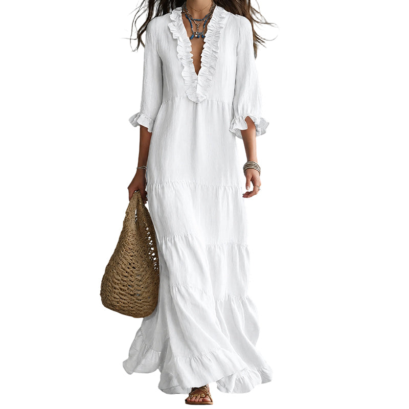Women Ruffle V-Neck Tiered Maxi Dress