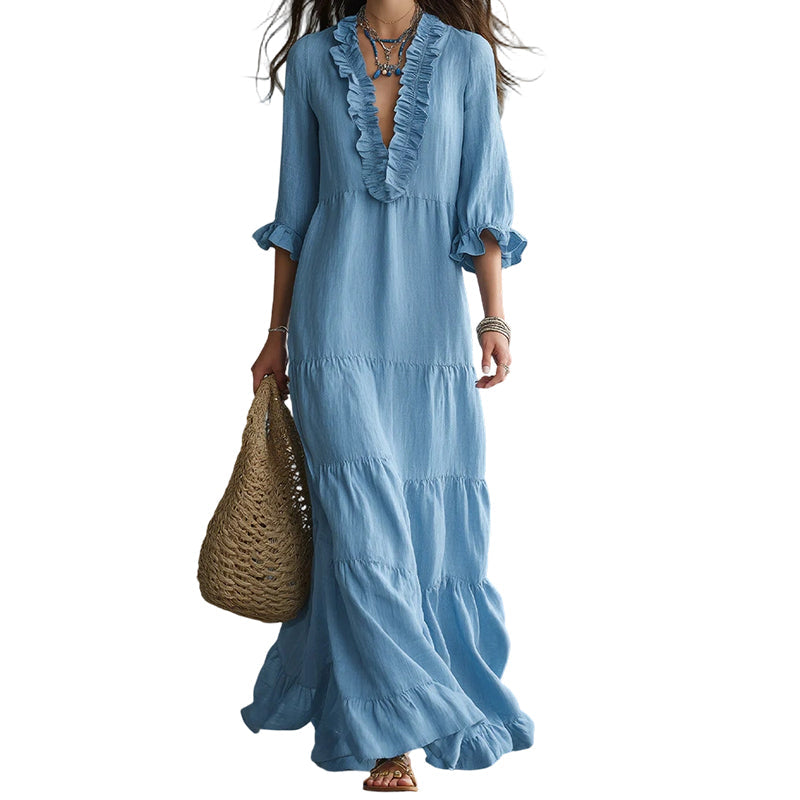 Women Ruffle V-Neck Tiered Maxi Dress