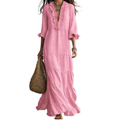 Women Ruffle V-Neck Tiered Maxi Dress