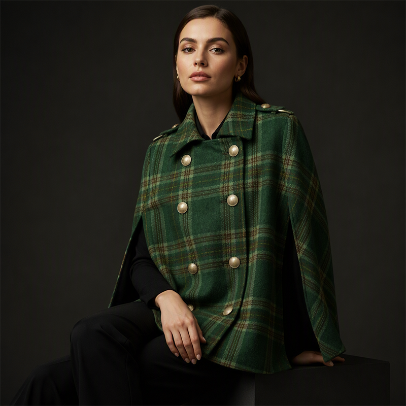 Women Vintage Plaid Cape Coat