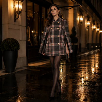 Women Vintage Plaid Cape Coat