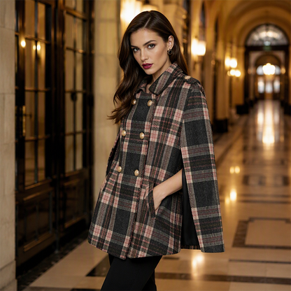 Women Vintage Plaid Cape Coat