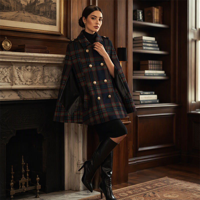 Women Vintage Plaid Cape Coat