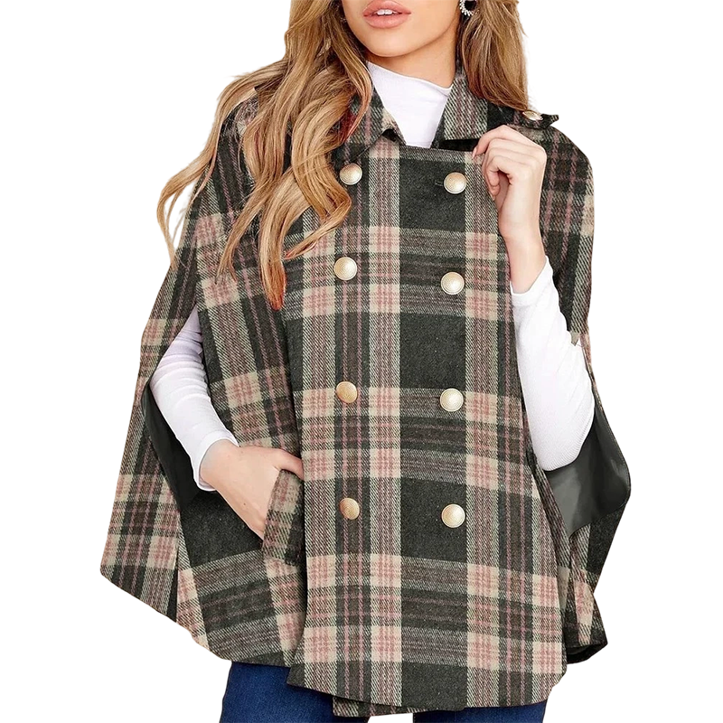 Women Vintage Plaid Cape Coat