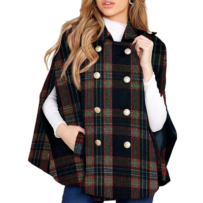 Women Vintage Plaid Cape Coat