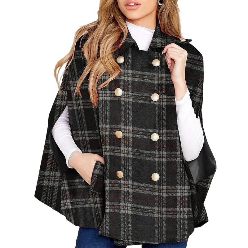 Women Vintage Plaid Cape Coat