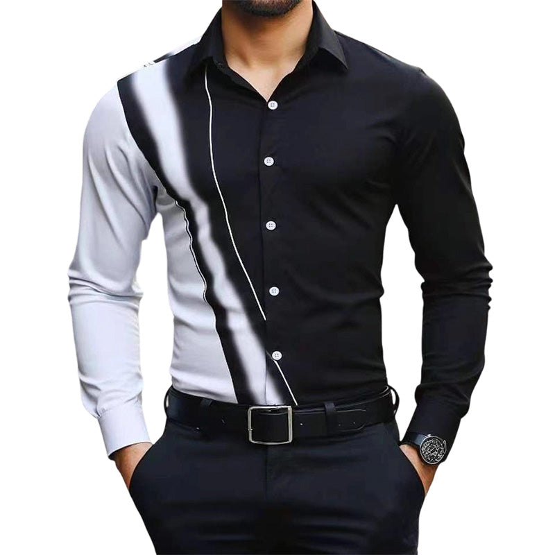 Men's Contrast Print Long Sleeve Slim Fit Lapel Shirt